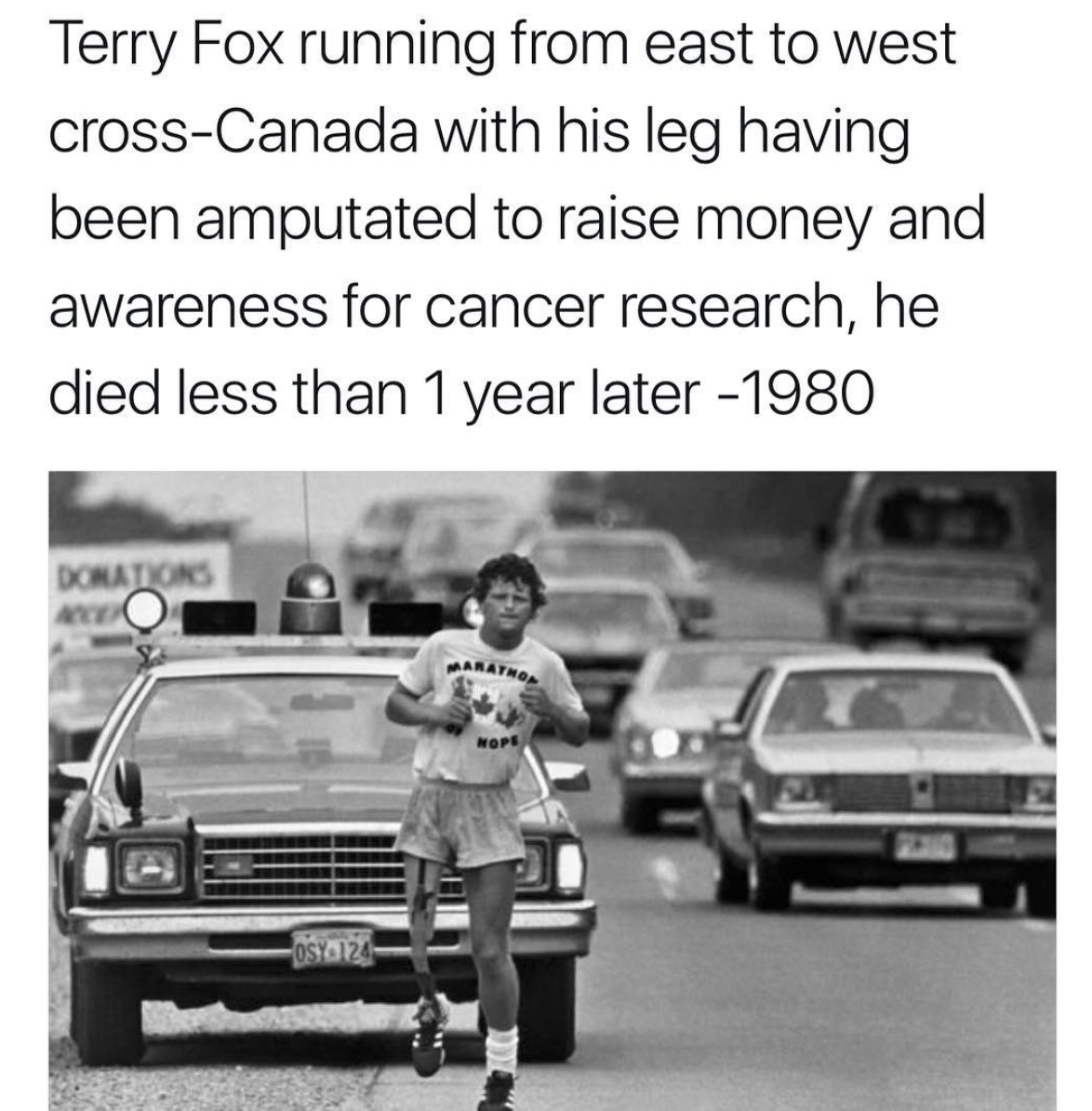 terry fox hd - Terry Fox running from east to west crossCanada with his leg having been amputated to raise money and awareness for cancer research, he died less than 1 year later 1980