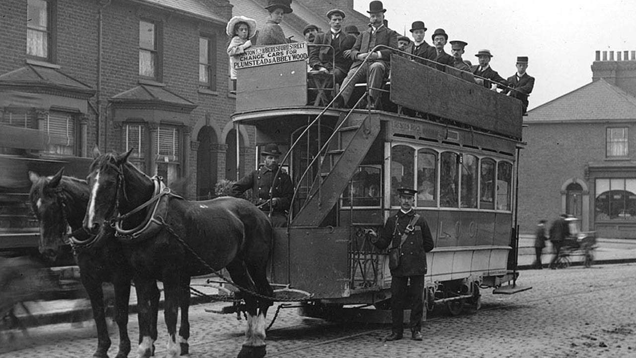 Commuters travel on a horse drawn trolley car in London, England in 1882. Before cars took over, major cities in Europe and some in the US used special trolley systems on rails to move about the city. It was easy and efficient and lasted for a few decades before they became obsolete.