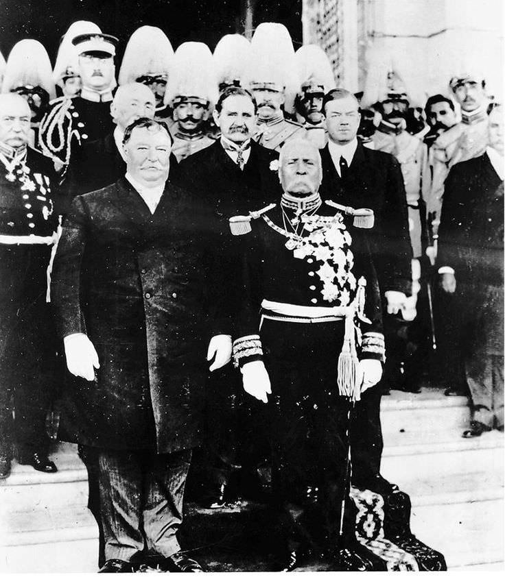 US President Howard Taft (left) meeting Mexican President Poririo Diaz (right) in Juarez, Mexico in 1909. Despite being neighbors for nearly 100 years since Mexico declared themselves independent from Spanish rule, this was the first time the 2 leaders of each country met. Taft was very cautious and brought with him around 5,000 troops. Even so, the event was not without incident, as an assassin was disarmed just a few feet from Taft before he could make an attempt. Another interesting note, Diaz would jail his opposition before his election, and it caused a 10 year war in Mexico that gave rise to the legend of Pancho Villa.