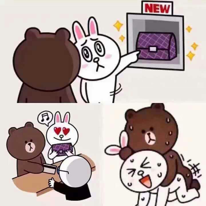 4-panel webcomic of bears shopping and man buys the woman a purse she loved and he gets to have her from behind afterwards