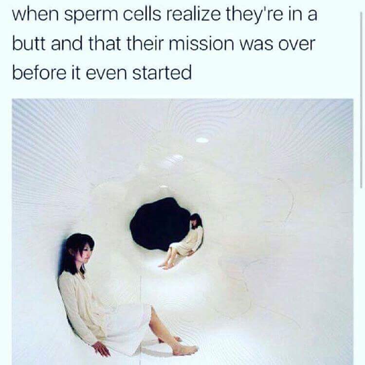 Woman inside a long shiny round room with caption joking how sperm feel when they realize they are in a butt and their mission was over before it even started
