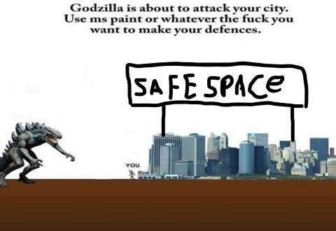 godzilla is about to attack your city - ack your city. Godzilla is about to attach fuck you Use ms paint or whatever the fuck you want to make your defences. Safe Space