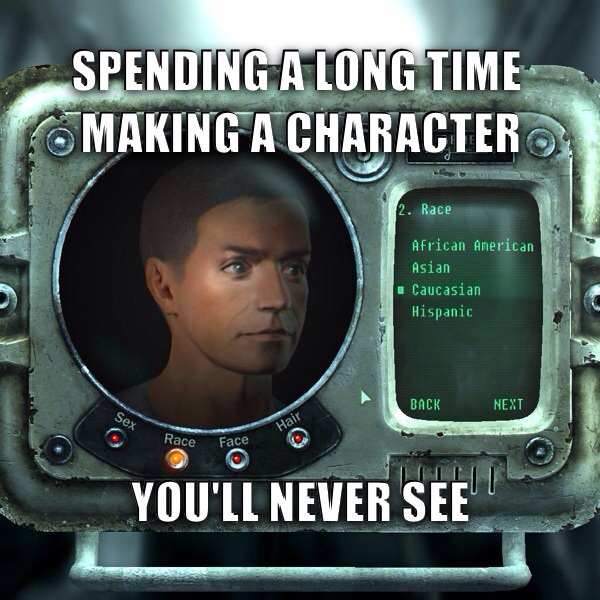 fallout 3 character creation - Spending A Long Time Making A Charactero 2. Race African Anerican Asian Caucasian Hispanic Back Next Sex Hair Race Face You'Ll Never See Serio