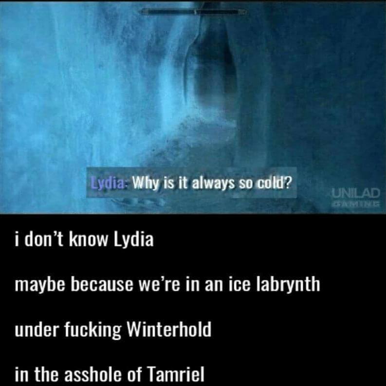 lydial skyrim - Lydia. Why is it always so cold? Unilad i don't know Lydia maybe because we're in an ice labrynth under fucking Winterhold in the asshole of Tamriel