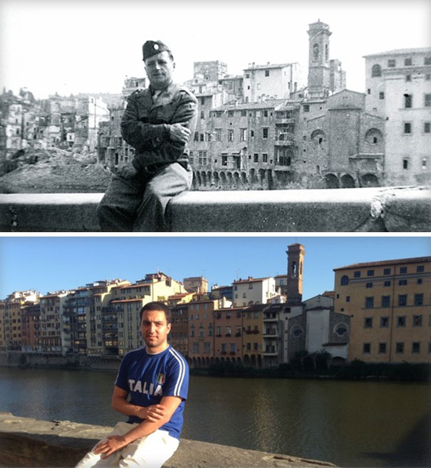 Sitting Exactly Where My Grandfather Sat In WWII, 1944 VS. 2014. Arno River, Florence Italy.