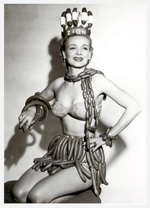 Geene Courtney, Queen of National Hot Dog Week 1955, a pageant sponsored by (shocker) the Zion Meat Company
