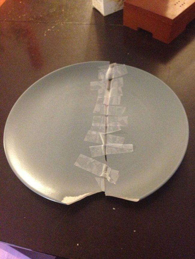 "My cousin broke a plate. This is how he tried to hide it from my aunt." No info if she caught on though.