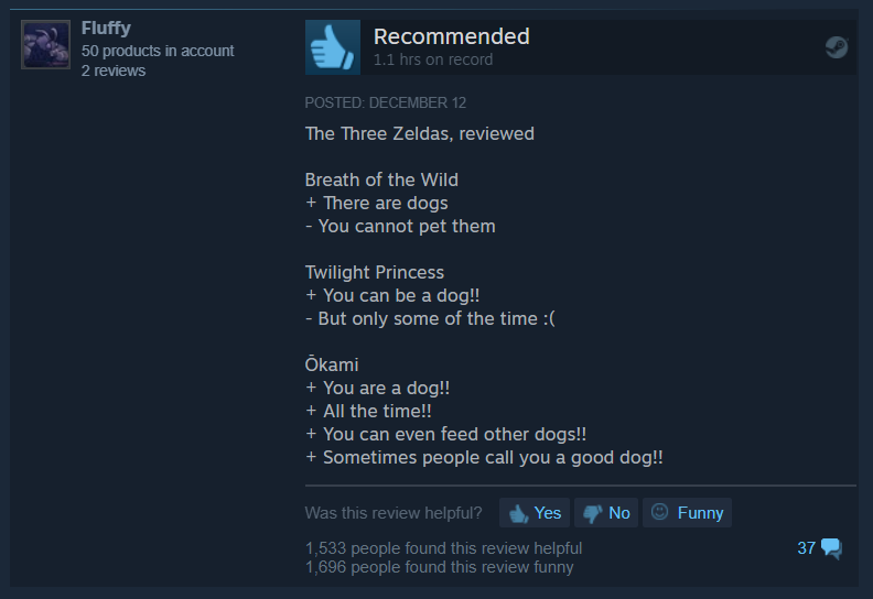 okami steam review - Fluffy 50 products in account 2 reviews Recommended 1.1 hrs on record Posted December 12 The Three Zeldas, reviewed Breath of the Wild There are dogs You cannot pet them Twilight Princess You can be a dog!! But only some of the time O