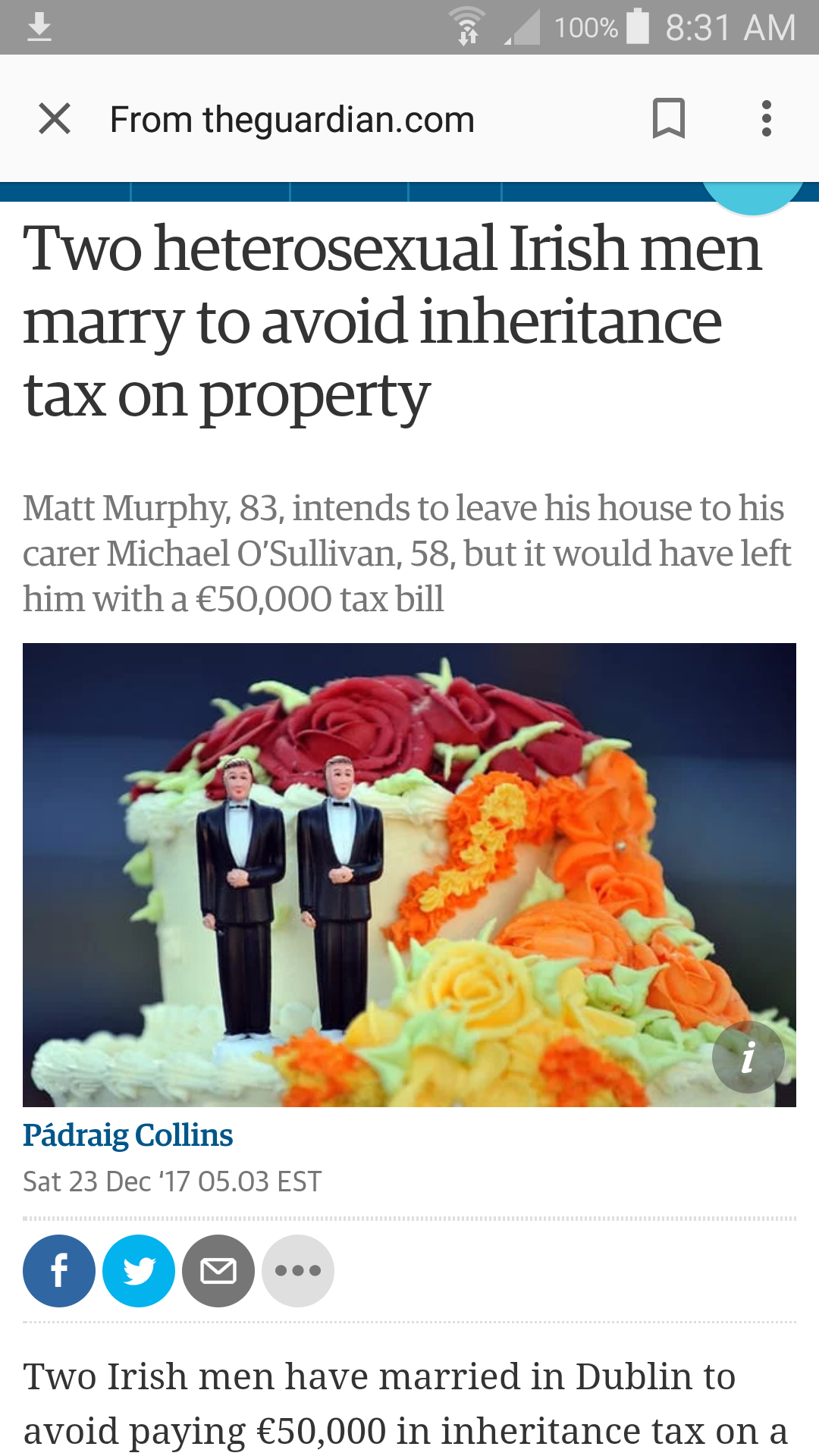media - 100% X From theguardian.com Two heterosexual Irish men marry to avoid inheritance tax on property Matt Murphy, 83, intends to leave his house to his carer Michael O'Sullivan, 58, but it would have left him with a 50,000 tax bill Pdraig Collins Sat