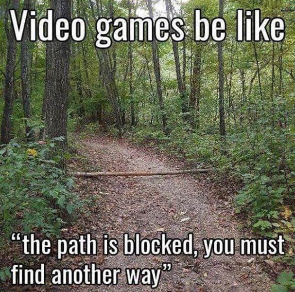 video game path meme - Video games be the path is blocked, you musti find another way"