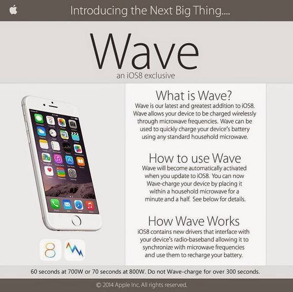 ios wave - Introducing the Next Big Thing.... Wave an iOS8 exclusive What is Wave? Wave is our latest and greatest addition to iOS8. Wave allows your device to be charged wirelessly through microwave frequencies. Wave can be used to quickly charge your de