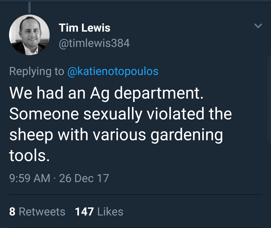 presentation - Tim Lewis We had an Ag department. Someone sexually violated the sheep with various gardening tools. 26 Dec 17 8 147