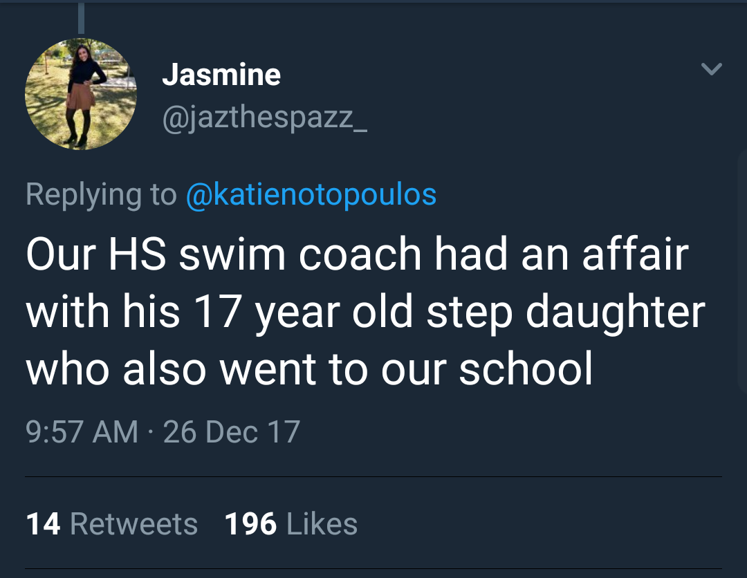 presentation - Jasmine ' Our Hs swim coach had an affair with his 17 year old step daughter who also went to our school 26 Dec 17 14 196