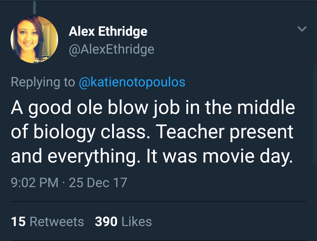 presentation - Alex Ethridge A good ole blow job in the middle of biology class. Teacher present and everything. It was movie day. 25 Dec 17 15 390