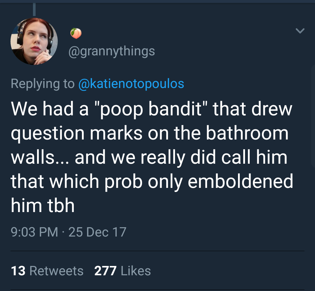 screenshot - ' We had a "poop bandit" that drew question marks on the bathroom walls... and we really did call him that which prob only emboldened him tbh 25 Dec 17 13 277