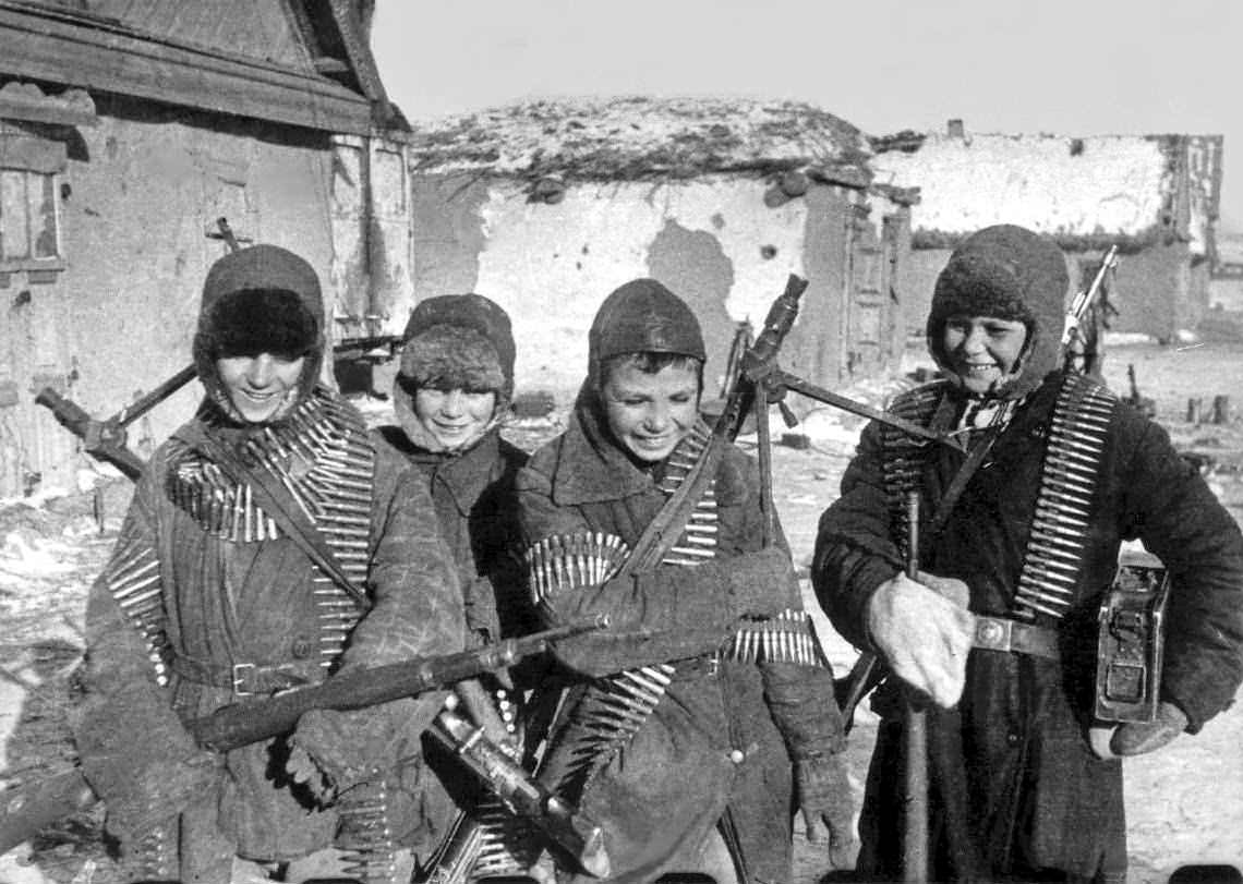 Children play with captured German weapons after the Battle of Stalingrad in Russia in 1943. The biggest battle in human history changes the course of WWII, with the Soviet Union eliminating the entire German Army Group B. The city became a symbol and the battle turned personal among former allies Hitler and Stalin in the war, even though its key location was also important for the German offensive in taking the oil fields south of the city. This made both sides throw more and more soldiers into the battle. Much of the population was killed, as the Soviets stopped evacuations when the Germans got a foothold in the city. These boys most likely are orphans, and could have been pressed into the Soviet Army by the wars end.