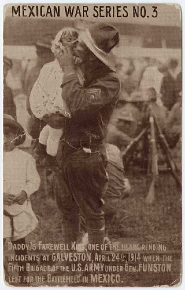 An American trooper kisses his daughter goodbye as he leaves to fight in the Mexican civil war in 1914. The US originally supported the Mexican government, but then switched sides to the rebellion in 1913. The Germans then replaced the US in support of the Mexican government in hopes of distracting some of Europe into that conflict, away from WWI's European theater. The British also supported the rebellion in 1916. The US eventually removed troops and major support as it shifted its focus to WWI, and by 1918 the Mexican rebels were on their own. However they were winning at this point, and the 10 year civil war ended in a rebel victory in 1920, reshaping Mexico.