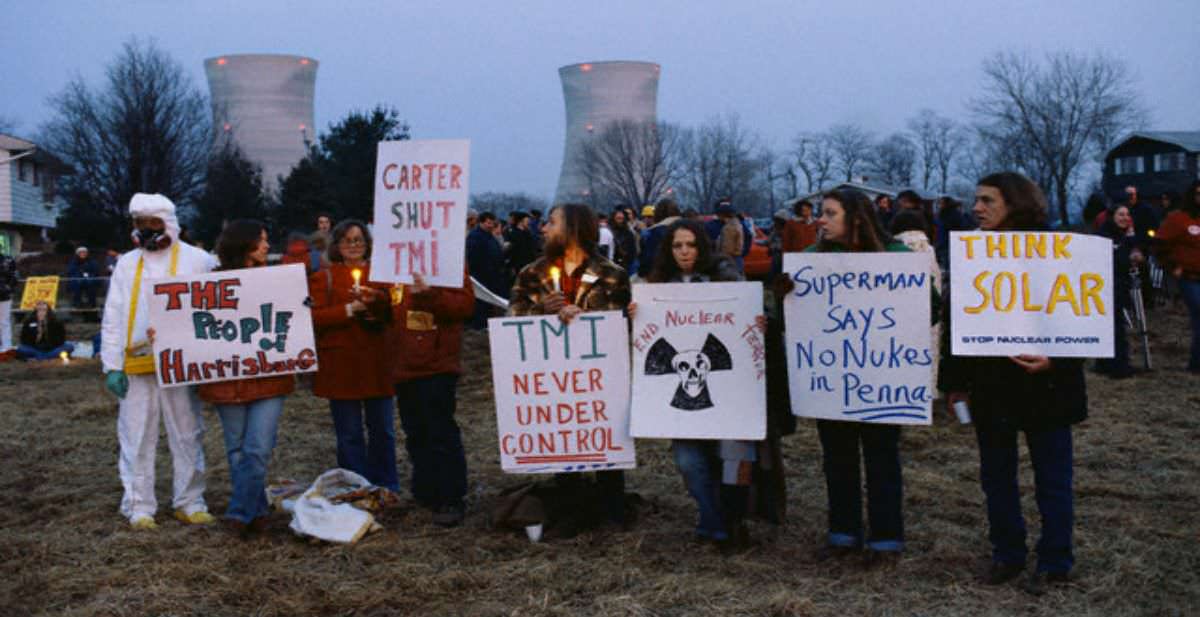 People protesting against any form of nuclear power or weapons after the Three Mile Island accident in Pennsylvania, US in 1979. An accident at the Nuclear Power Plant caused a small release of radiation. The government was unaware of the extent of the leak at first, and did not evacuate people. Up to 500,000 people were close enough to be heavily affected had it been worse, but the government did not know the magnitude of the radiation released within the first 48 hours, and did hardly anything while determining the extent of the incident. This lack of action and understanding of a possible nuclear disaster caused fear and protests for much of the year against anything nuclear. Those fears were realize with the Chernobyl disaster in Soviet Union 7 years later.