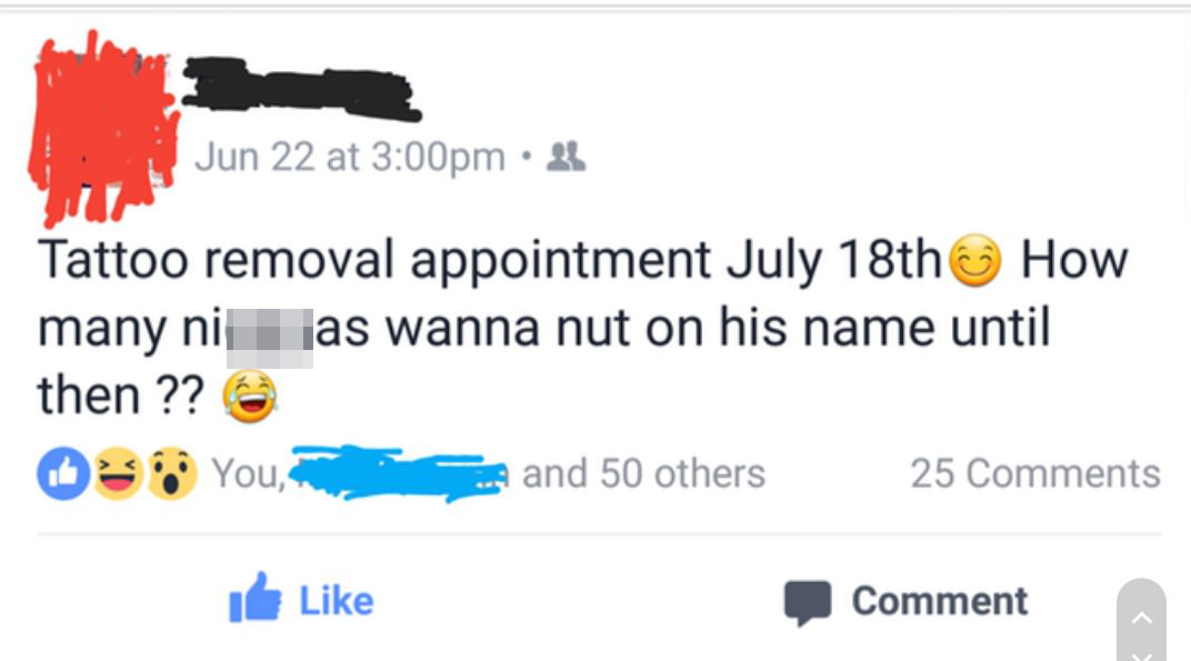 cringe if your boyfriend comment under another girl - Jun 22 at pm Tattoo removal appointment July 18th How many ni jas wanna nut on his name until then ?? 6 You, and 50 others 25 Comment