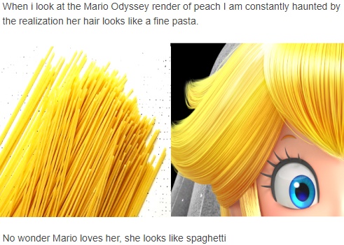 pizza pasta put it in a box - When i look at the Mario Odyssey render of peach I am constantly haunted by the realization her hair looks a fine pasta. No wonder Mario loves her, she looks spaghetti