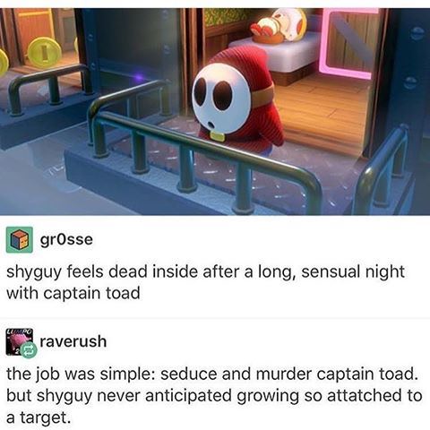 coming to bed honey yes dear - grosse shyguy feels dead inside after a long, sensual night with captain toad raverush the job was simple seduce and murder captain toad. but shyguy never anticipated growing so attatched to a target.