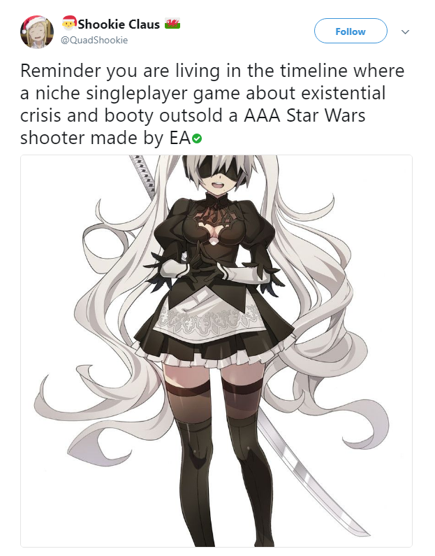 hatsune miku 2b - Shookie Claus Shookie Reminder you are living in the timeline where a niche singleplayer game about existential crisis and booty outsold a Aaa Star Wars shooter made by Ea