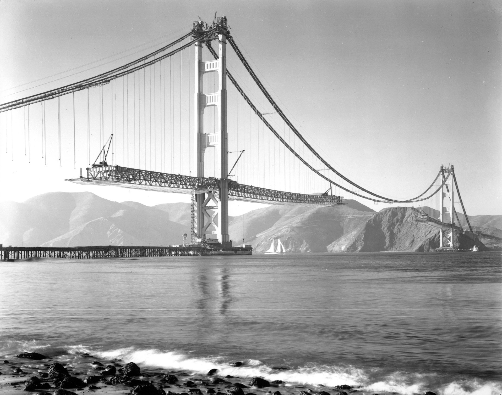 The Golden Gate bridge being constructed in San Francisco, 1937