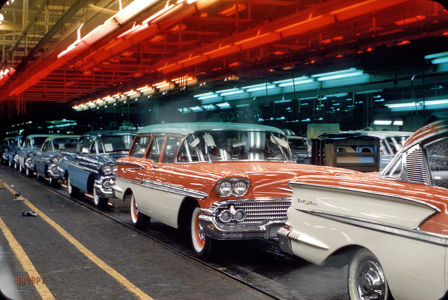 Completed 1958 Chevrolet models leaving the assembly line