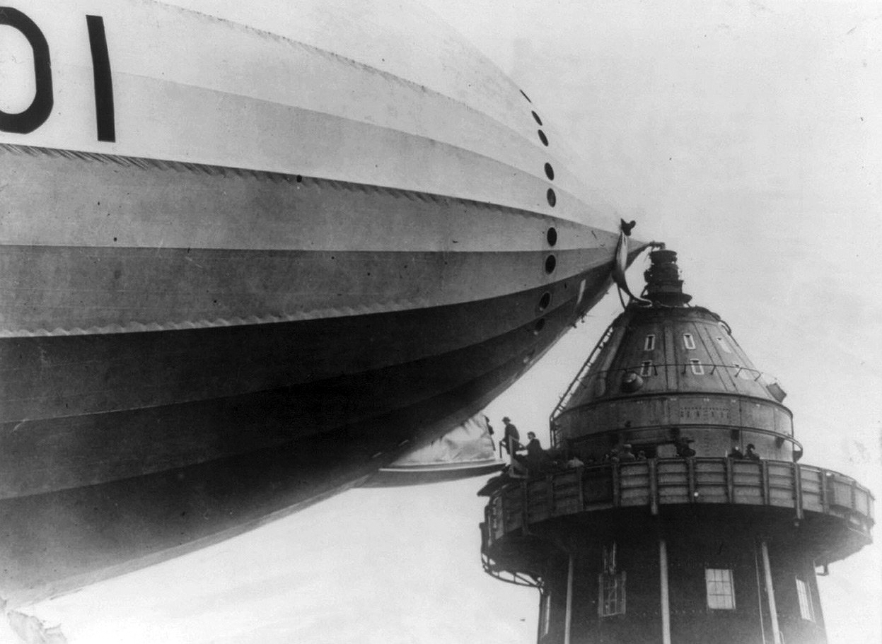 Zeppelin’s used to “dock” at mooring masts, and passengers would entire via a gangplank. This photo was taken in Cardington, England in the ‘20’s.