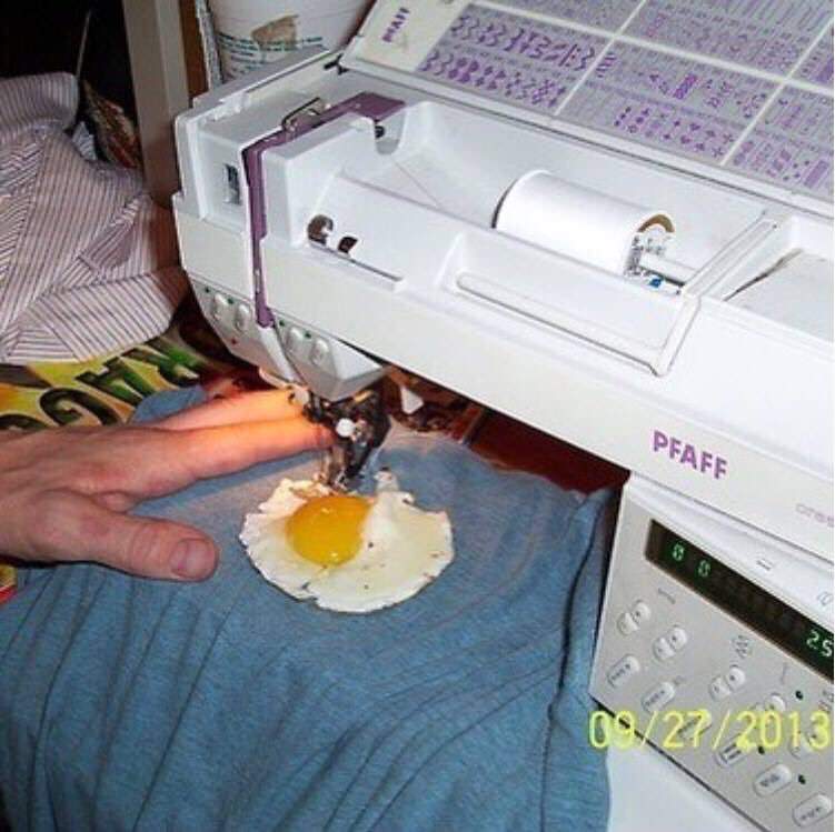 egg sewn to shirt