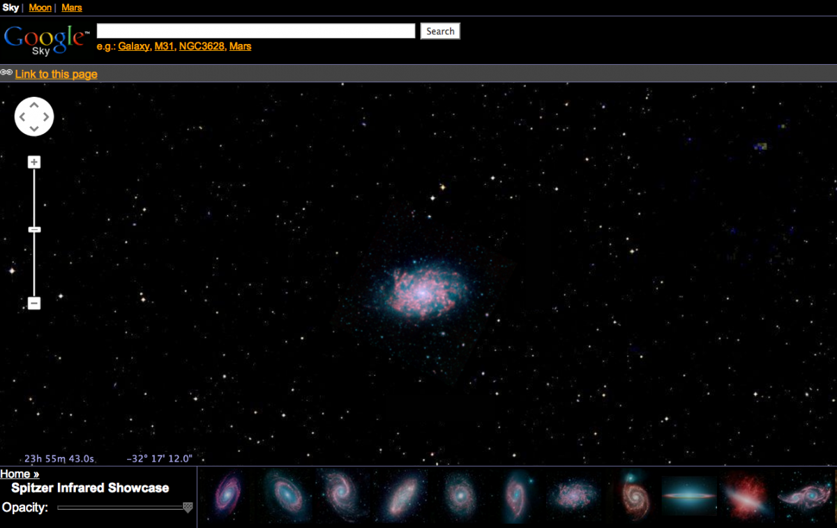 Google Sky lets you explore the far reaches of the universe using images from NASA satellite, the Sloan Digital Sky Survey, and the Hubble Telescope. http://google.com/sky