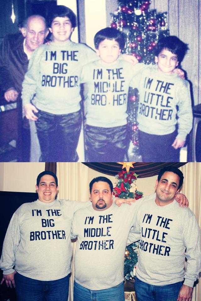 family photos recreated years later - Jm The Big Im The Brother Miduleim The Bro. Her Uittle Hother I'M The Big Brother I'M The I'M The Middle Uttle Brother Other