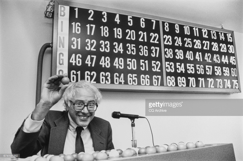 Rep. Bernie Sanders, IND-Vt., calls out bingo numbers in St. Albans, Vermont, on Oct 22, 1990.
