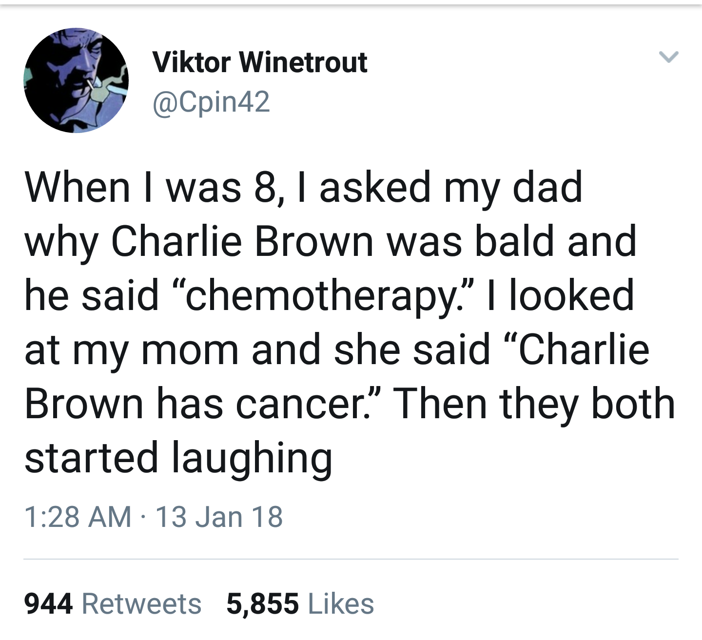 dad jokes- Viktor Winetrout When I was 8, I asked my dad why Charlie Brown was bald and he said "chemotherapy." I looked at my mom and she said "Charlie Brown has cancer. Then they both started laughing 13 Jan 18 944 5,855