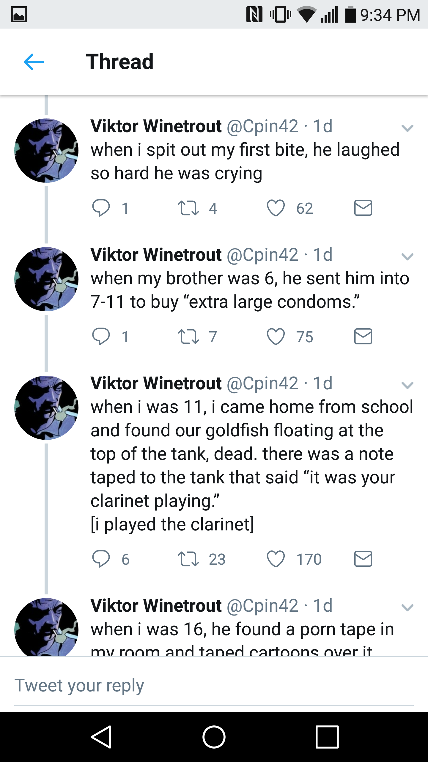 dad jokes- screenshot - N 0 9 34 Pm Thread Viktor Winetrout .10 when i spit out my first bite, he laughed so hard he was crying 91 24 62 Viktor Winetrout .1d when my brother was 6, he sent him into 711 to buy "extra large condoms." O1 27 75 Viktor Winetro