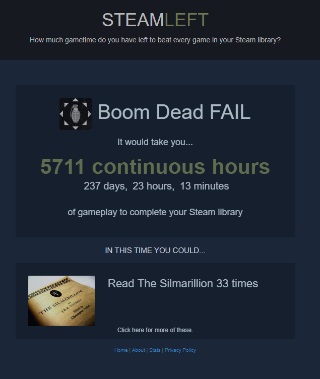 screenshot - Steamleft How much gametime do you have left to beat every game in your Steam library? Boom Dead Fail It would take you... 5711 continuous hours 237 days, 23 hours, 13 minutes of gameplay to complete your Steam library In This Time You Could.