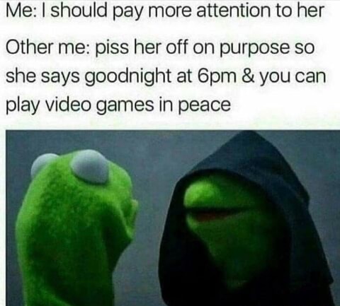 quit playing games meme - Me I should pay more attention to her Other me piss her off on purpose so she says goodnight at 6pm & you can play video games in peace