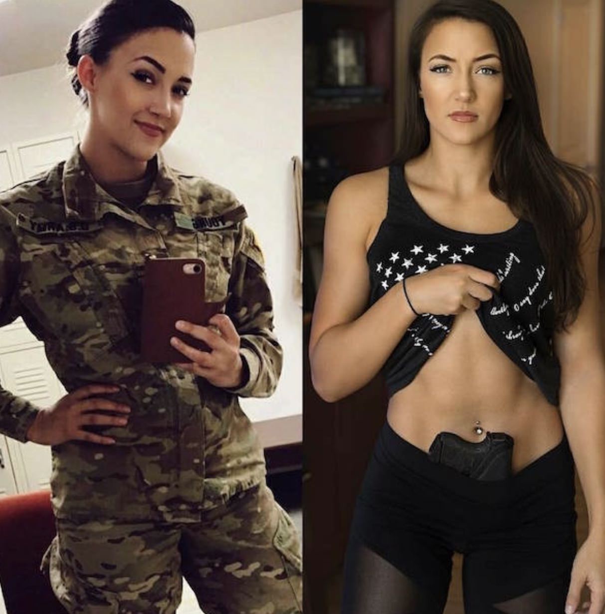 Attractive brunette wearing military fatigues taking a selfie and picture of her lifting her tank top to reveal abs and a handgun