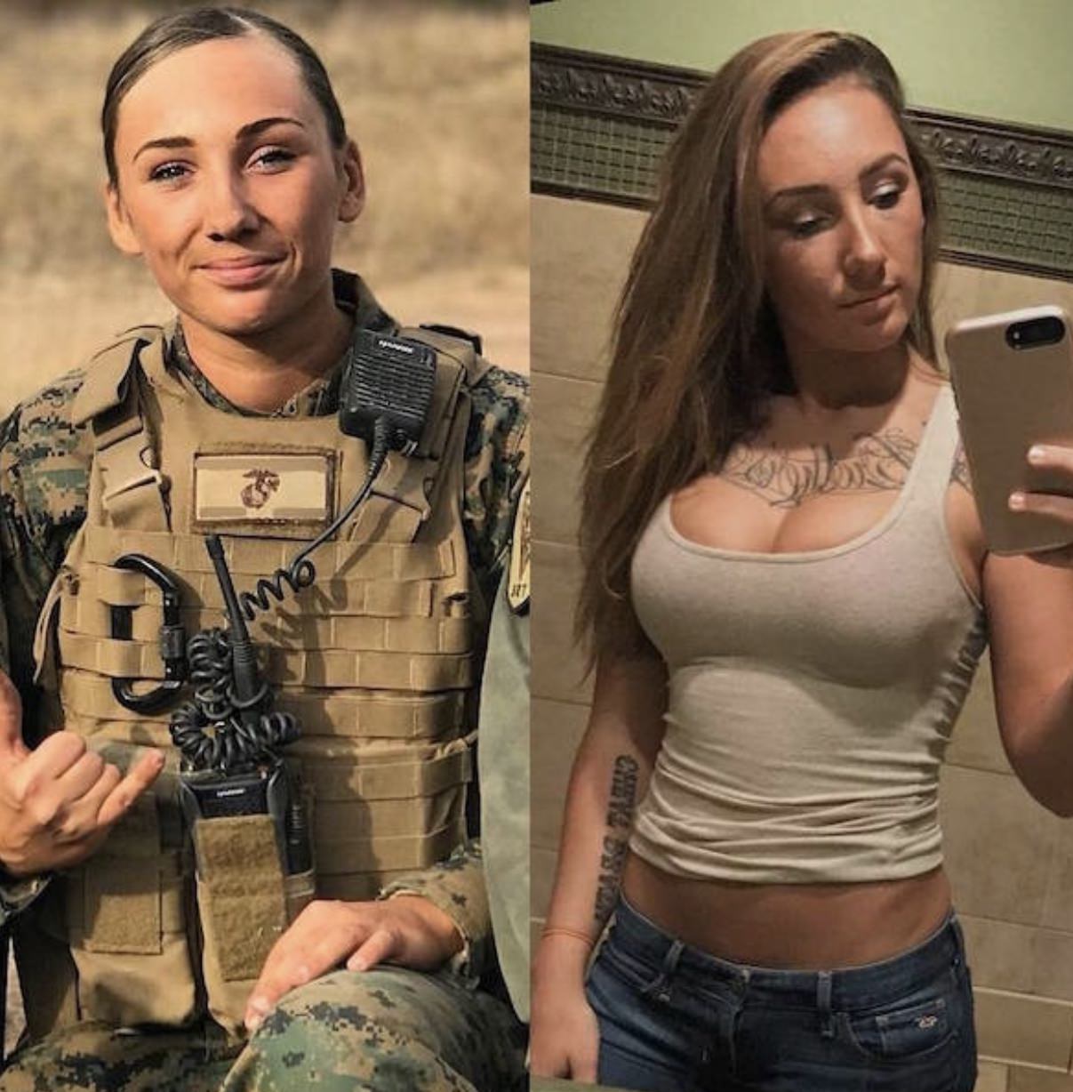 Hot female marine in her uniform and bullet-proof best and another of her huge boobs in a tanktop
