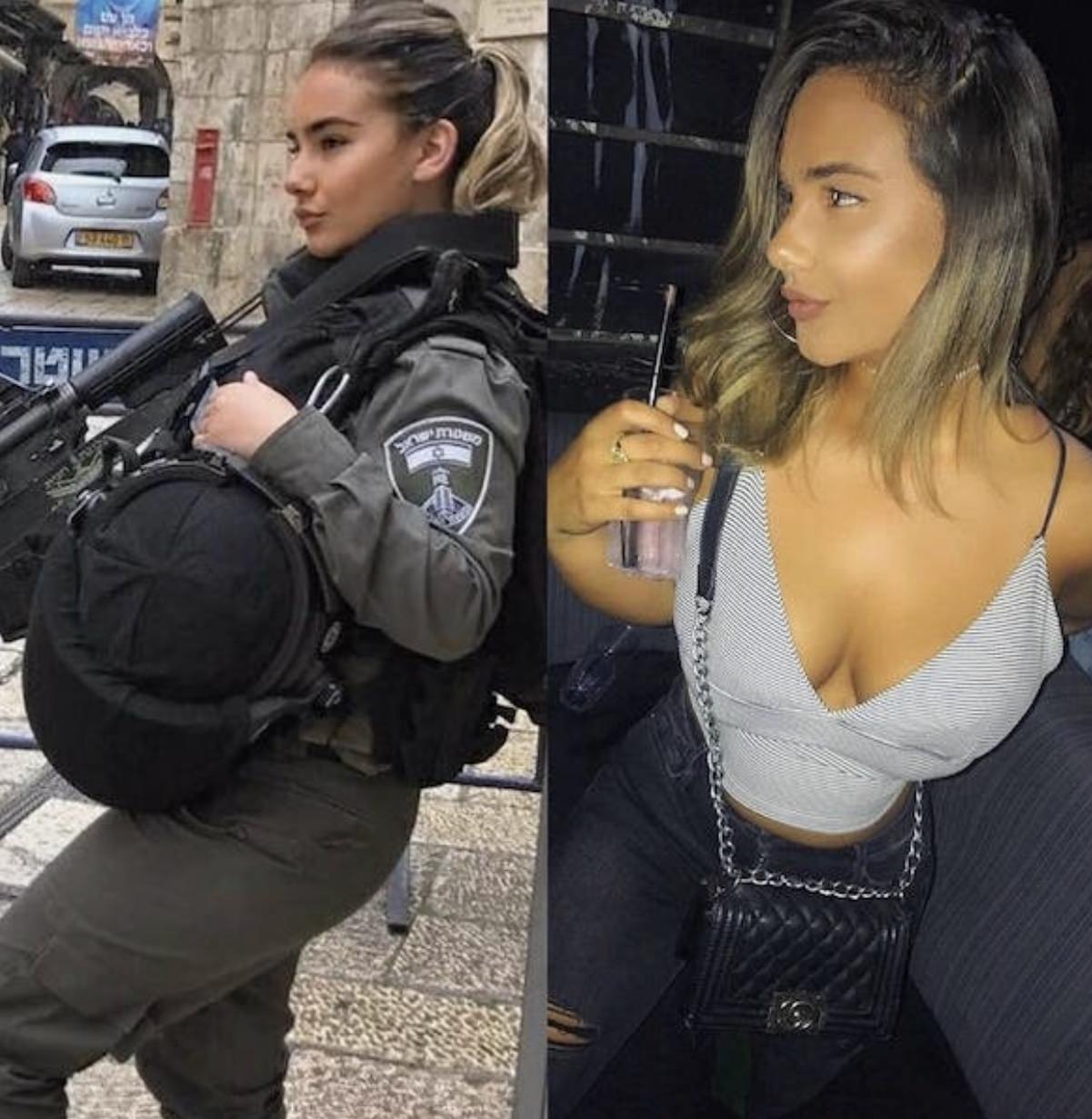 Hot woman Israeli solider in her uniform with her assault rifle and a picture of her huge cleavage at a bar  