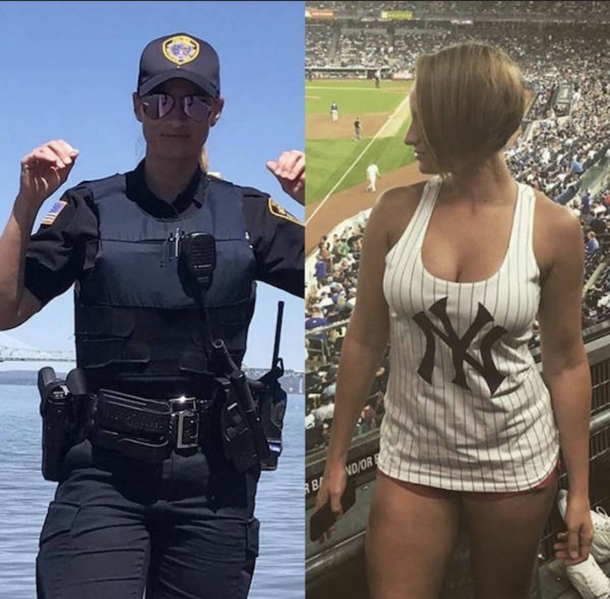 Picture of a hot NYPD babe in uniform, and a pictur of her wearing a NY Yankees tanktop with cleavage