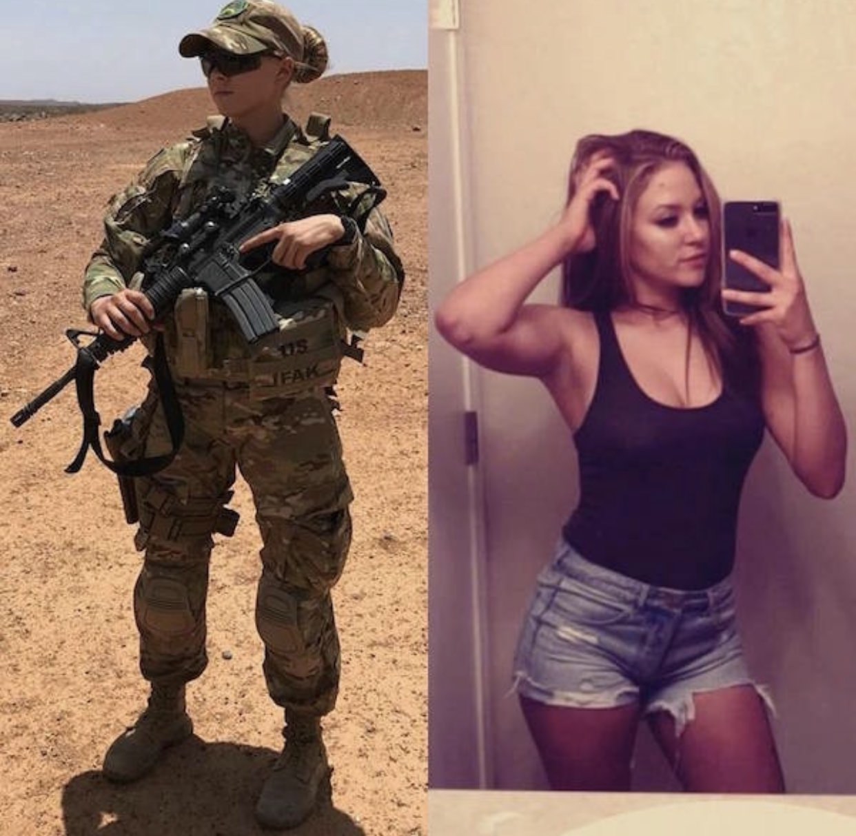 Hot military babe in uniform and assault rifle and a picture of her taking a selfie with short jeans shorts and a booby tanktop 