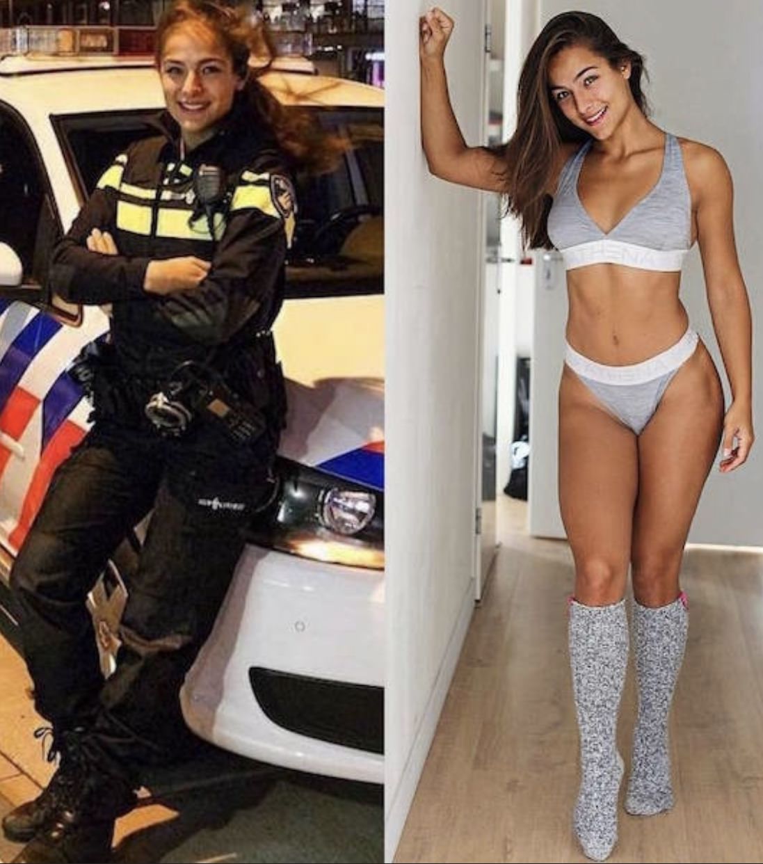 Sexy woman police officer in uniform and a picture of her in bra and panties smiling