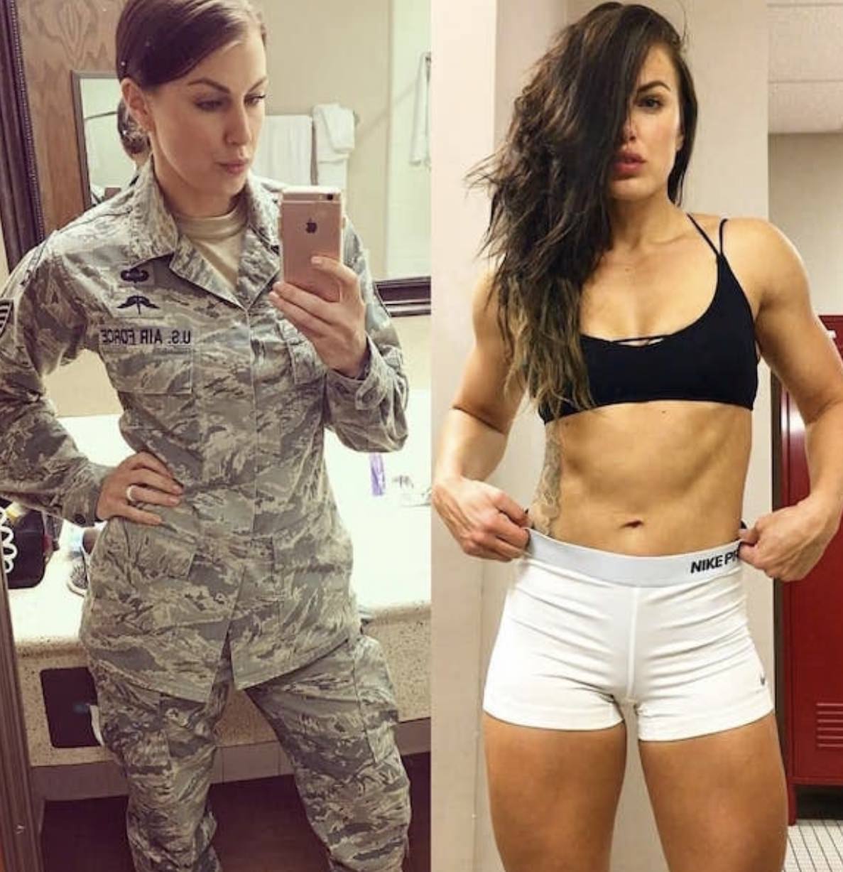 Sexy military woman in her fatigues and another picture of her with abs, sports bar and running shorts