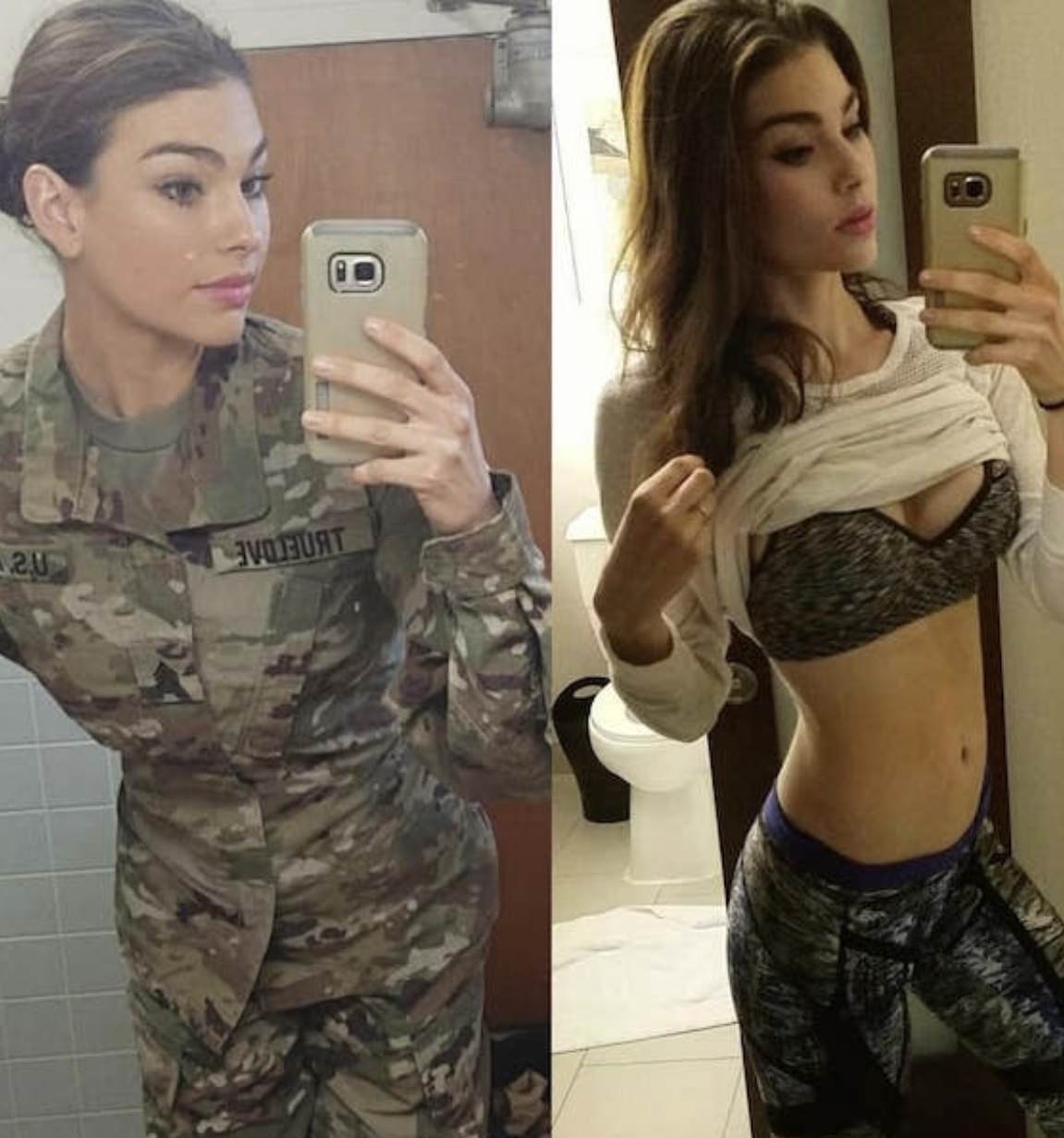 Super sexy Army woman woman taking selfie, and another picture of her lifting her shirt to show her breasts in a bra