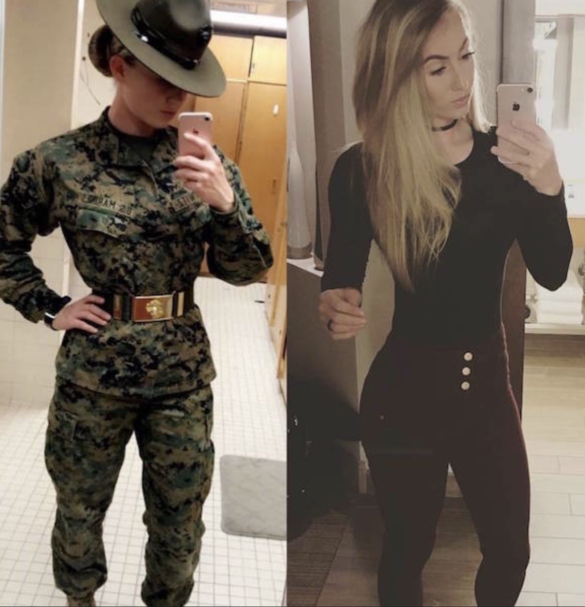 hot marine babe in uniform taking selfie, and a selfie of her in tight fitting clothes