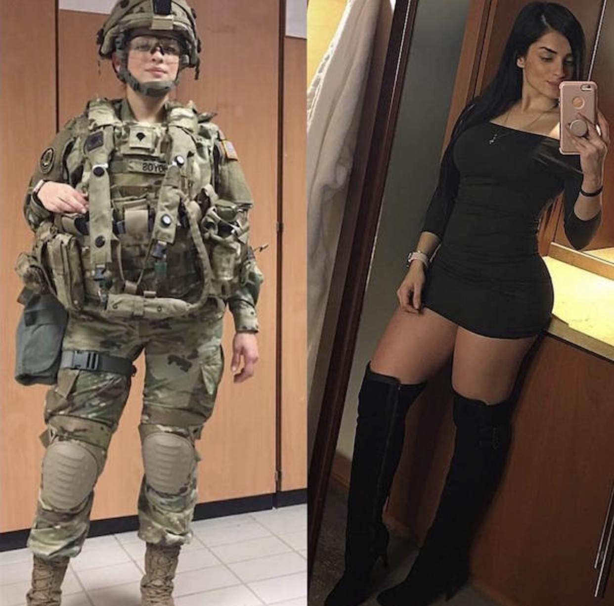 Hot military babe in full gear and a her taking a selfie wearing a very short dress and tall boots