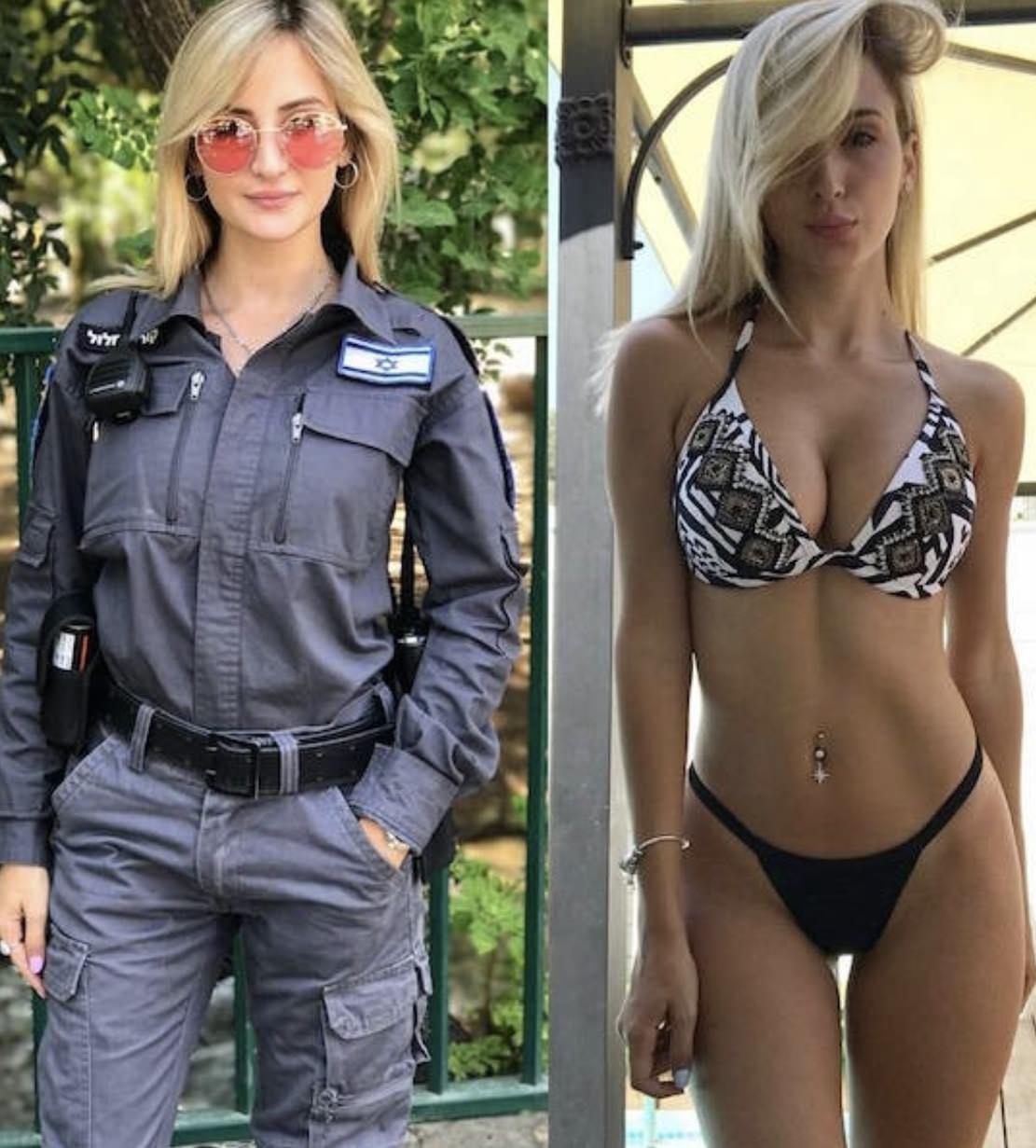 Hot Israeli soldier wearing rose-colored glasses and another picture of her wearing a tiny bathing suit