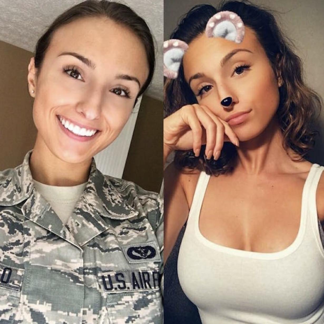 Hot Air Force woman in uniform, and taking a snapchat selfie in a lowcut white tanktop