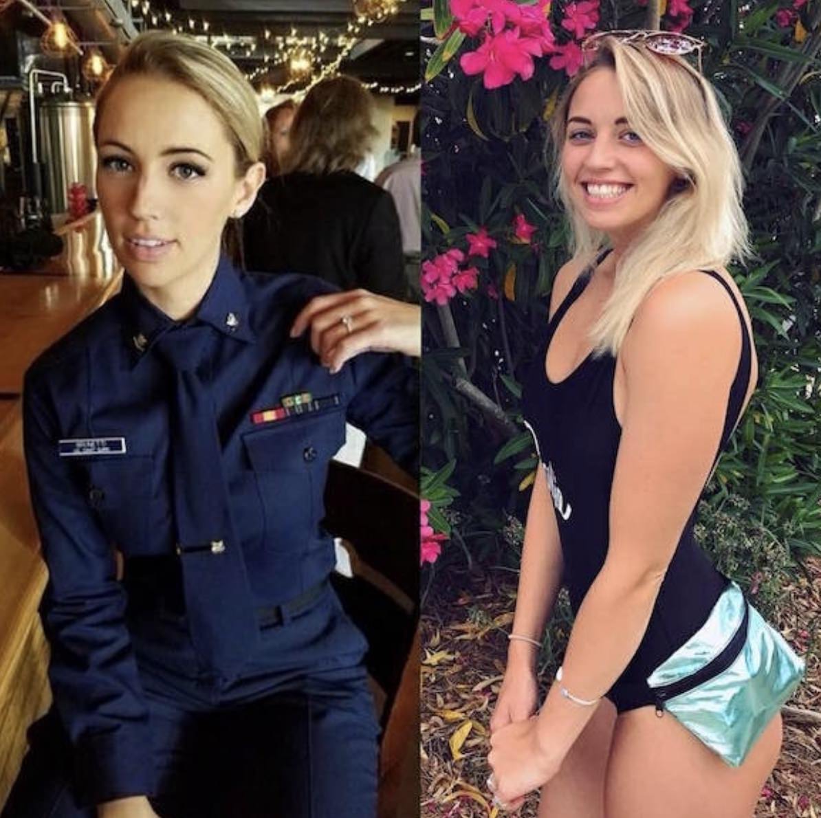 Hot military babe in her dress blues and a photo of her in a one piece smiling